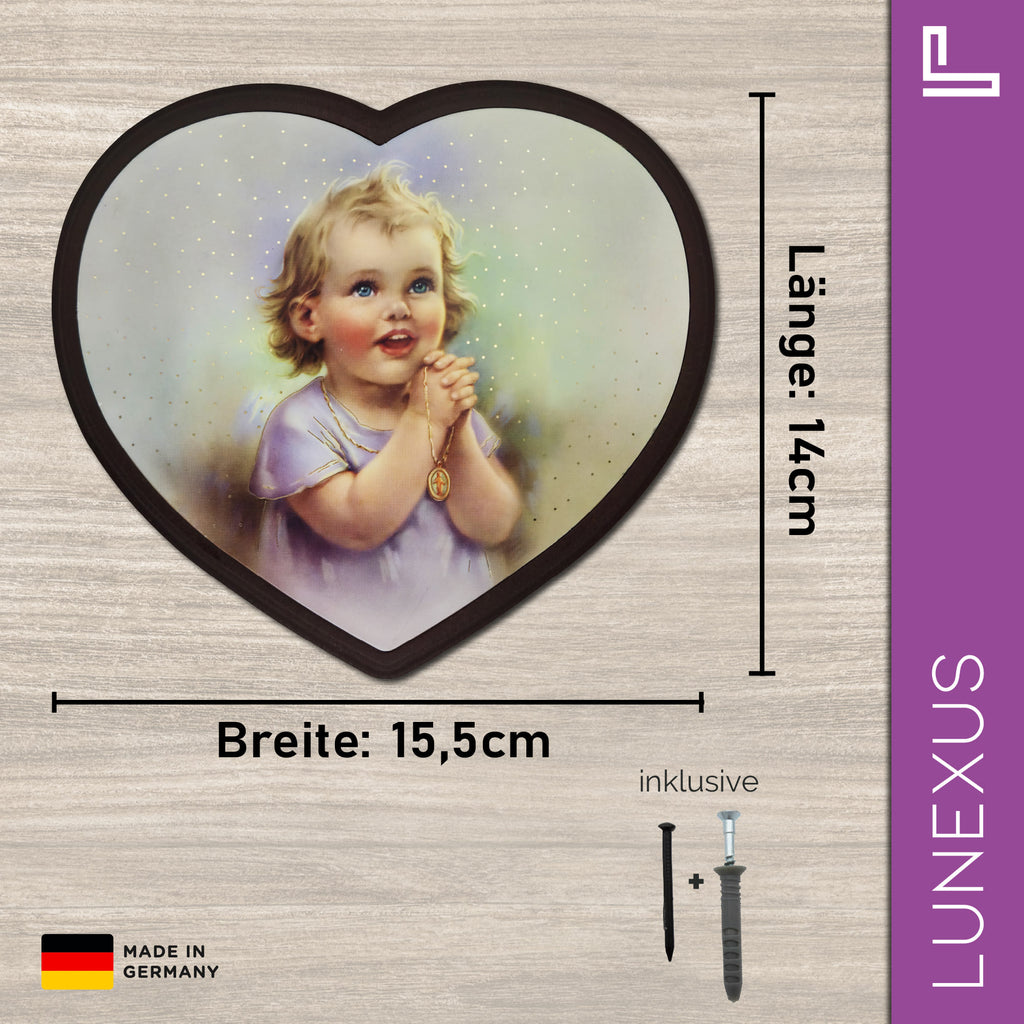 Schutzengelbild Herzform 14×15,5 cm – betendes Kind mit Rosenkranz - LUNEXUS
