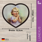 Schutzengelbild Herzform 14×15,5 cm – betendes Kind mit Rosenkranz - LUNEXUS