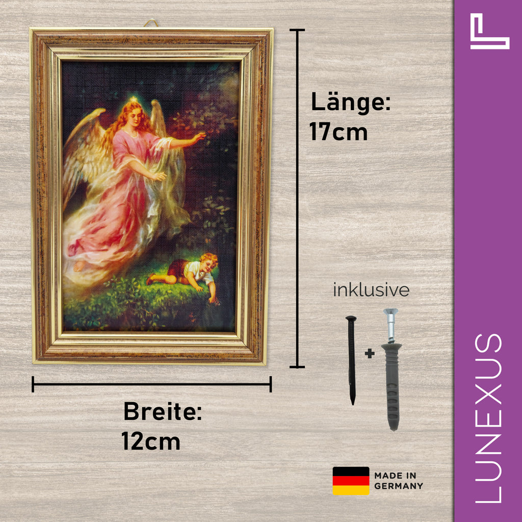 Schutzengelbild 12×17 cm – Motiv „Engel bewahrt Kind“ - LUNEXUS