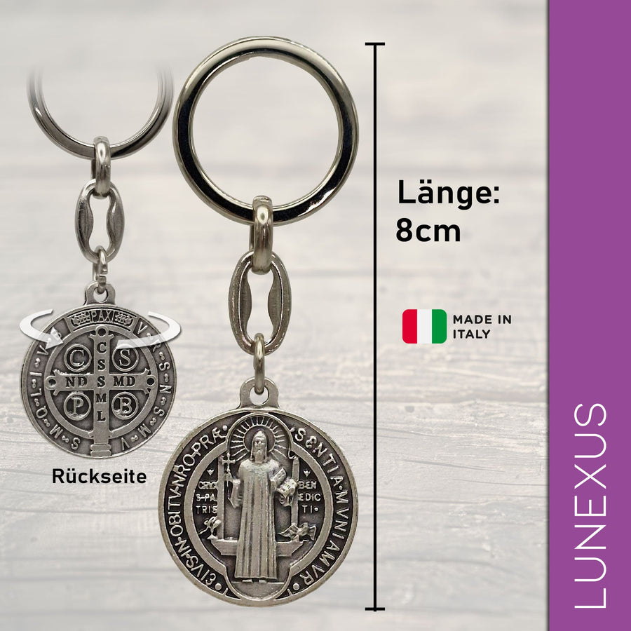 Porte-clés saint Benoît argenté, frappé des deux côtés - LUNEXUS