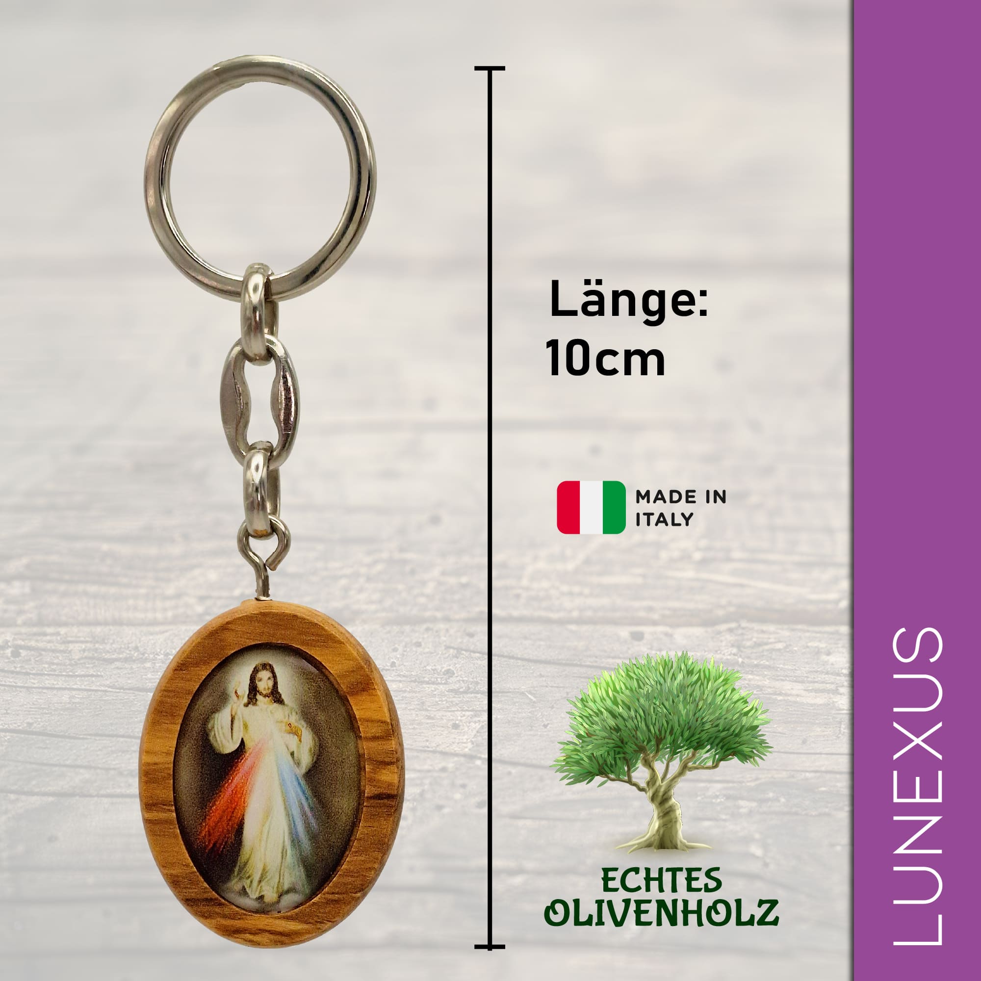 Schlüsselanhänger Barmherziger Jesus, Olivenholz - LUNEXUS