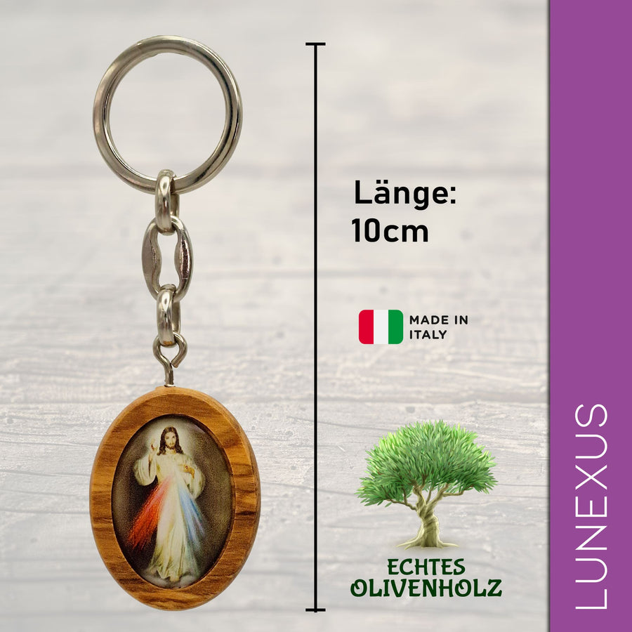 Porte-clés Jésus miséricordieux, bois d'olivier - LUNEXUS