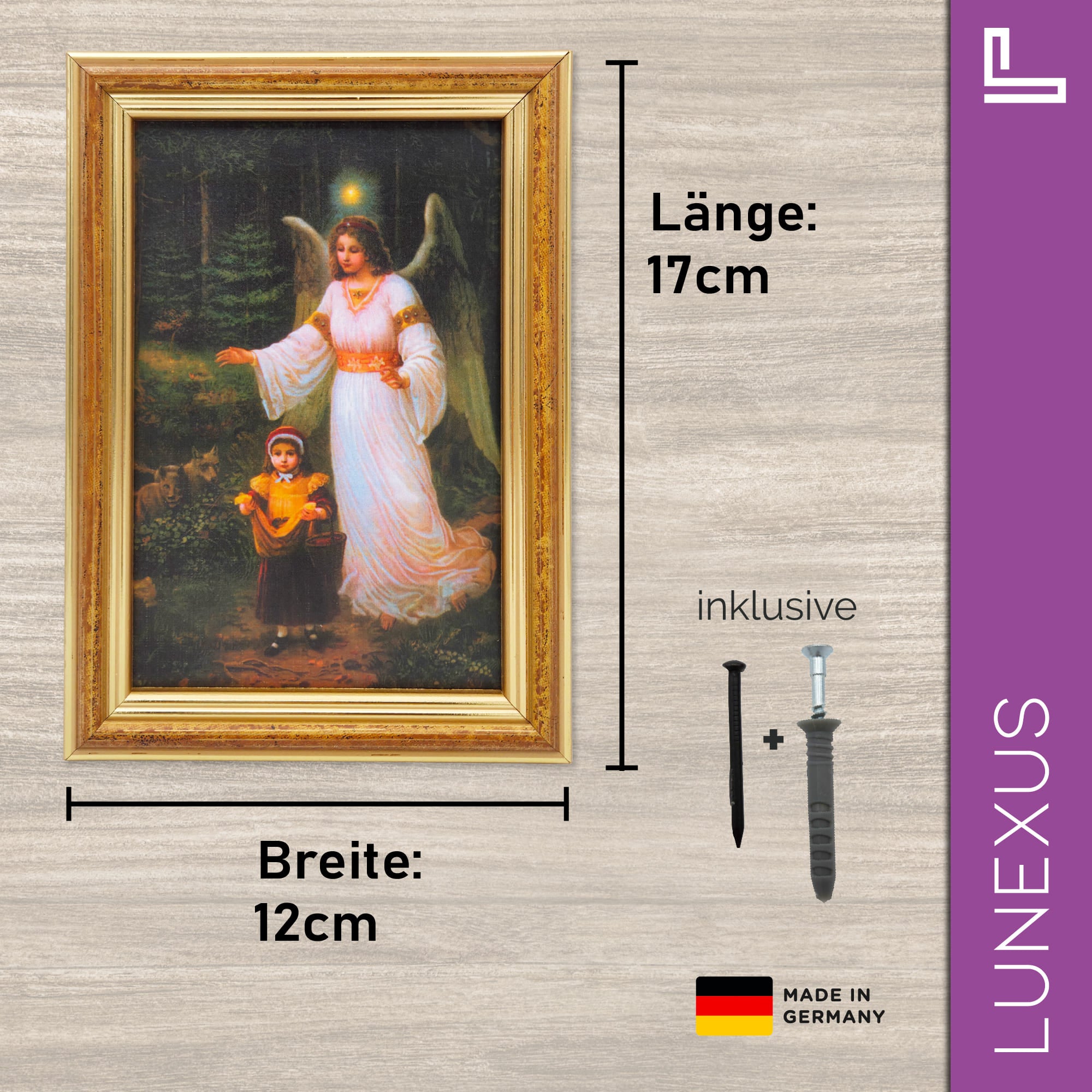 Schutzengelbild 12×17 cm – Motiv „Engel begleitet Kind durch dunklen Wald“ - LUNEXUS