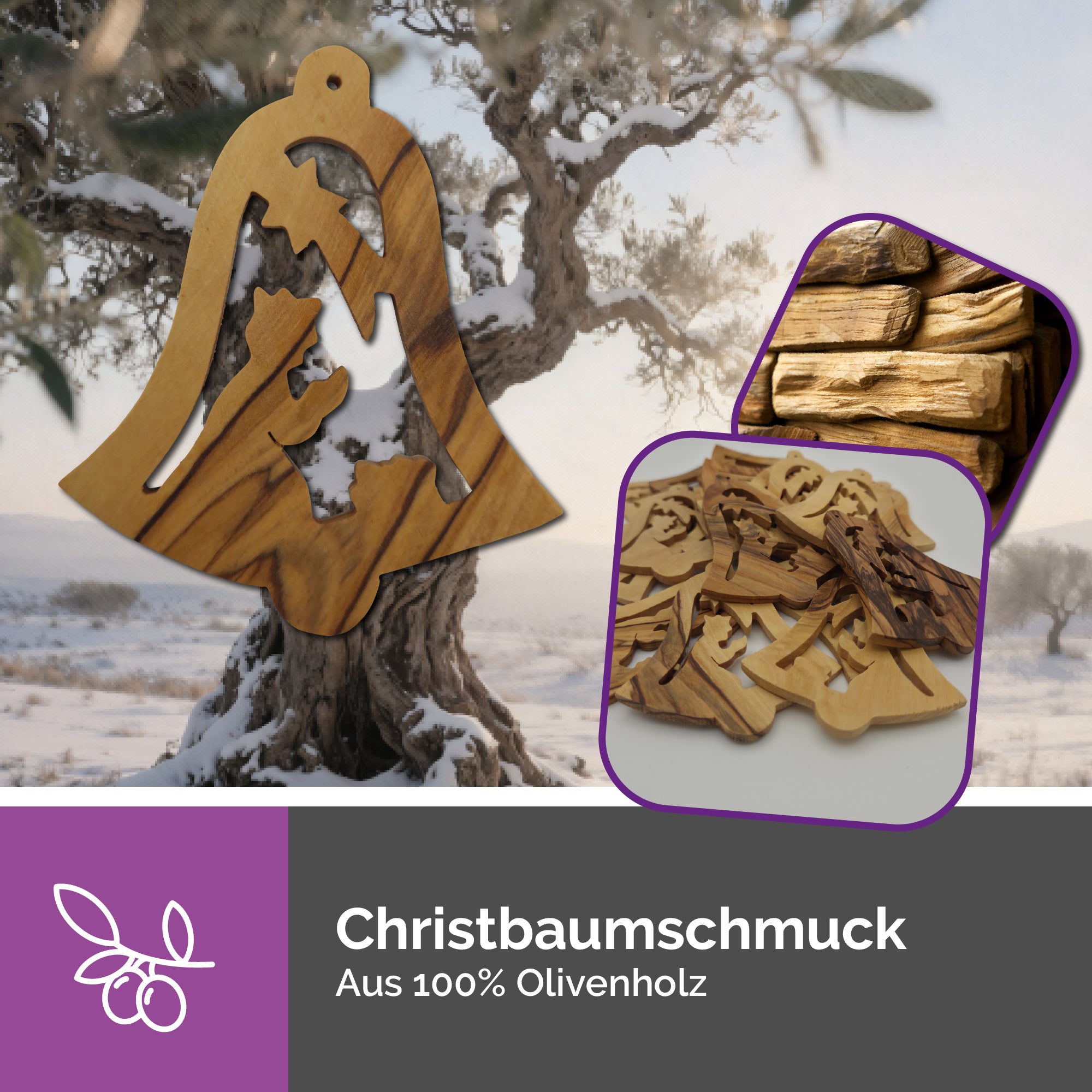 Olivenholzanhänger Glocke mit Krippenszene – Handarbeit & Segnung aus Bethlehem