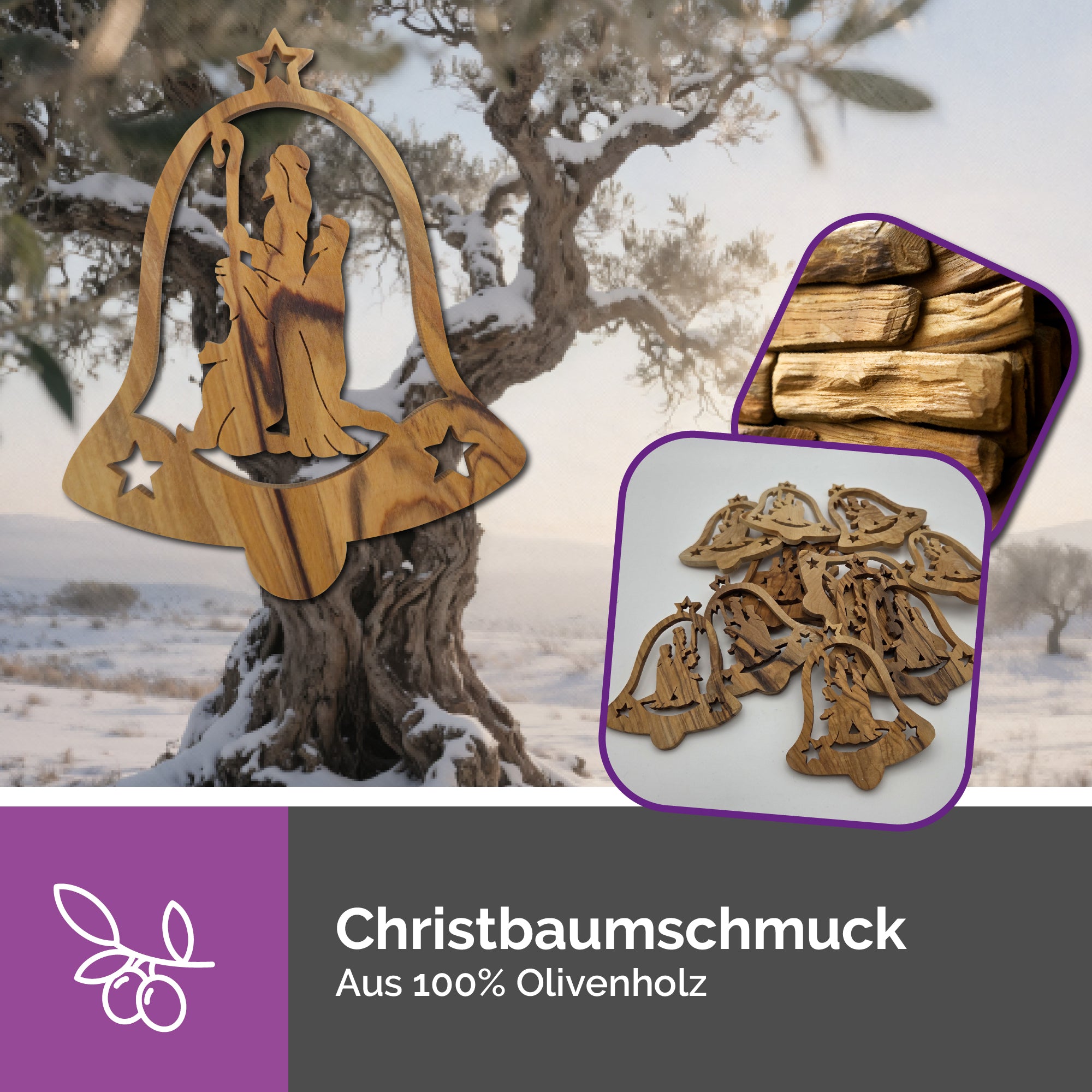 Olivenholzanhänger Glocke mit Heiliger Familie – Handarbeit aus Bethlehem