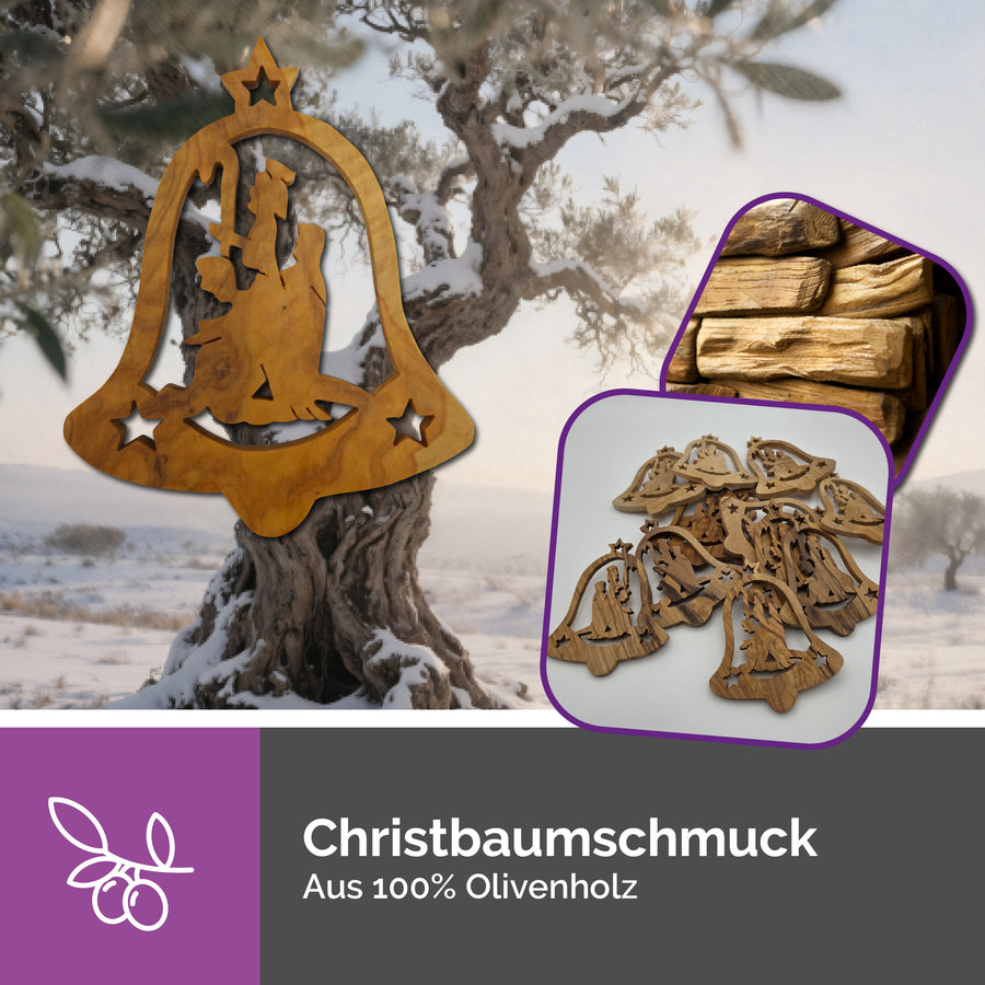 Pendentif cloche Sainte Famille en bois d'olivier – fait main et bénédiction de Bethléem – vue 3