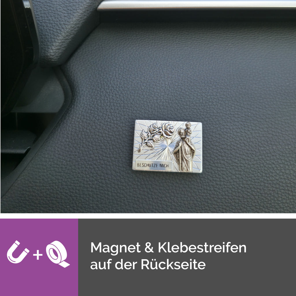 rückseite christophorus auto plakette rechteckig 3,6x2,6 cm mit magnet und klebepad flexible befestigung gesegnetes symbol