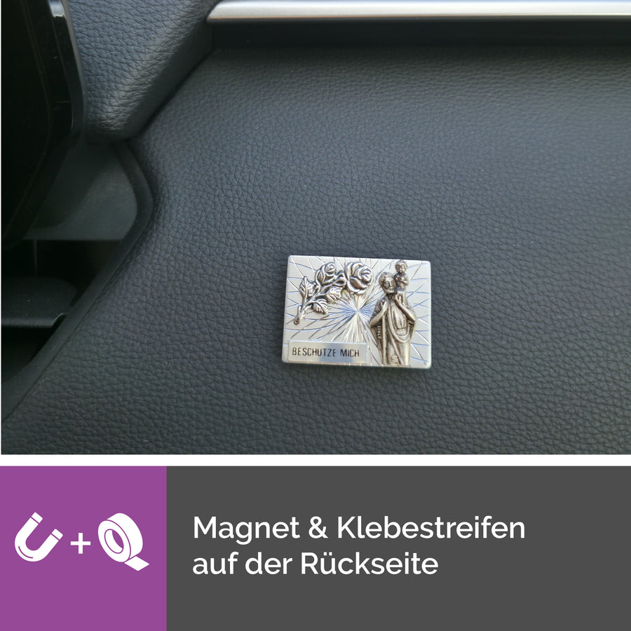 Revers de la médaille saint Christophe rectangulaire 3,6 × 2,6 cm avec aimant et pastille adhésive, fixation flexible, symbole bénit