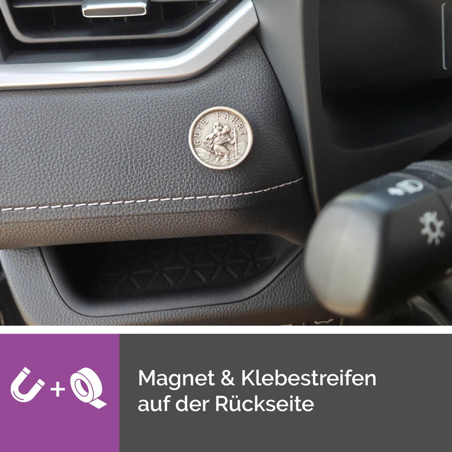 Médaille saint Christophe Ø 3,0 cm, gravure « Gute Fahrt », bénite, dans une pochette en velours avec certificat