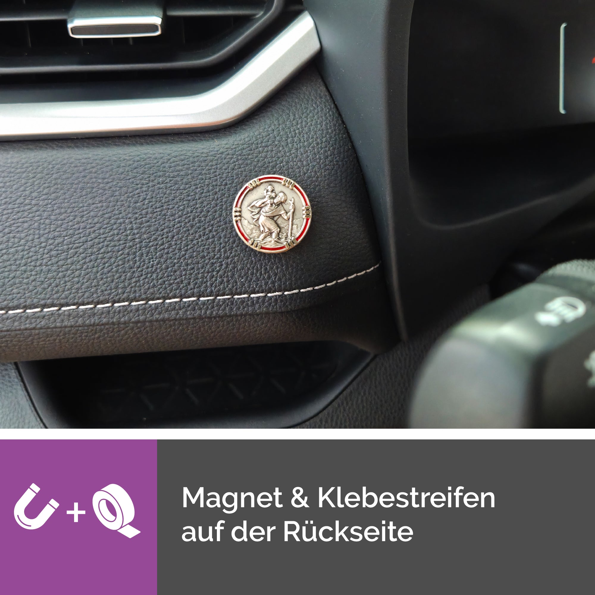 detailaufnahme christophorus plakatte ø 2,5 cm gute fahrt rot emaille rand gesegnet