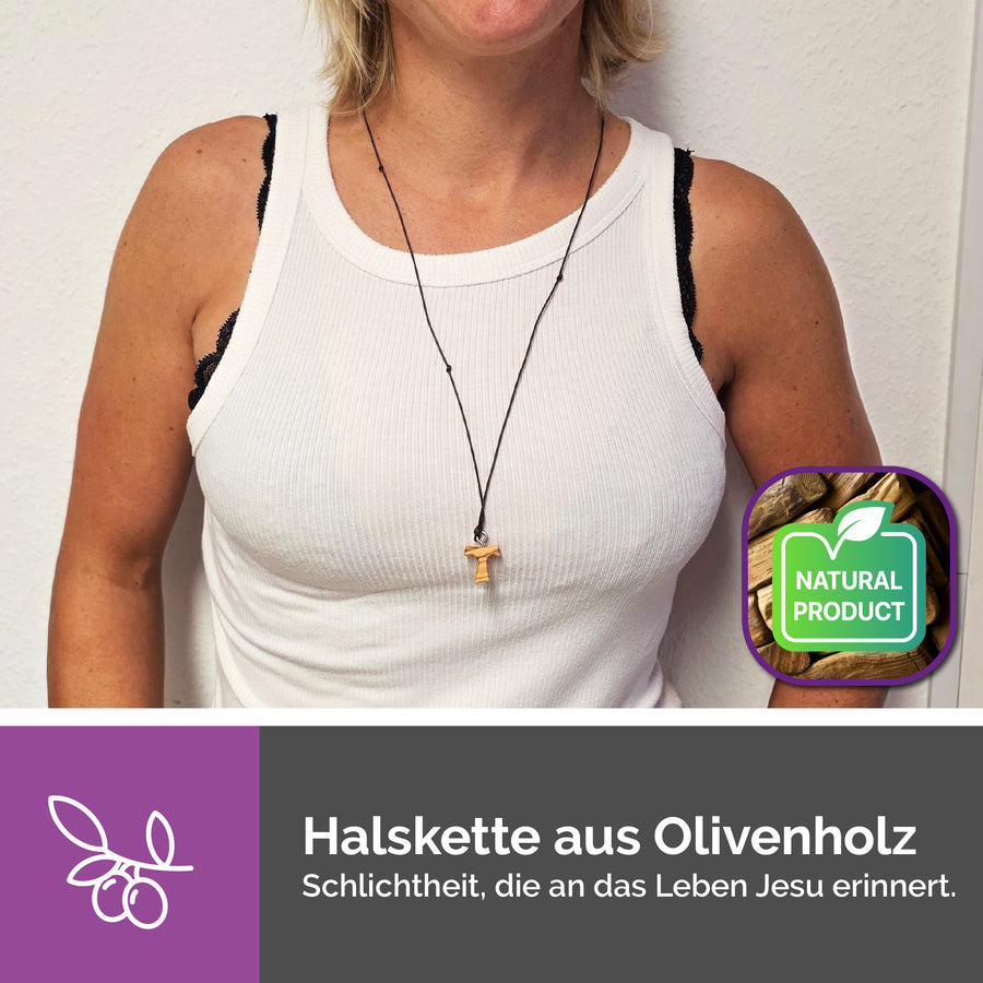 Collier fait main de Bethléem, croix Tau en bois d'olivier