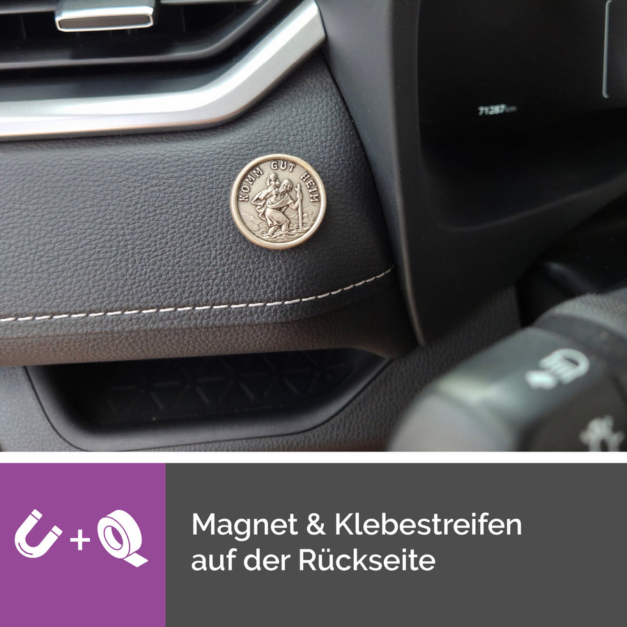Vue détaillée de la médaille saint Christophe Ø 3 cm « Komm gut heim », bénite, en métal