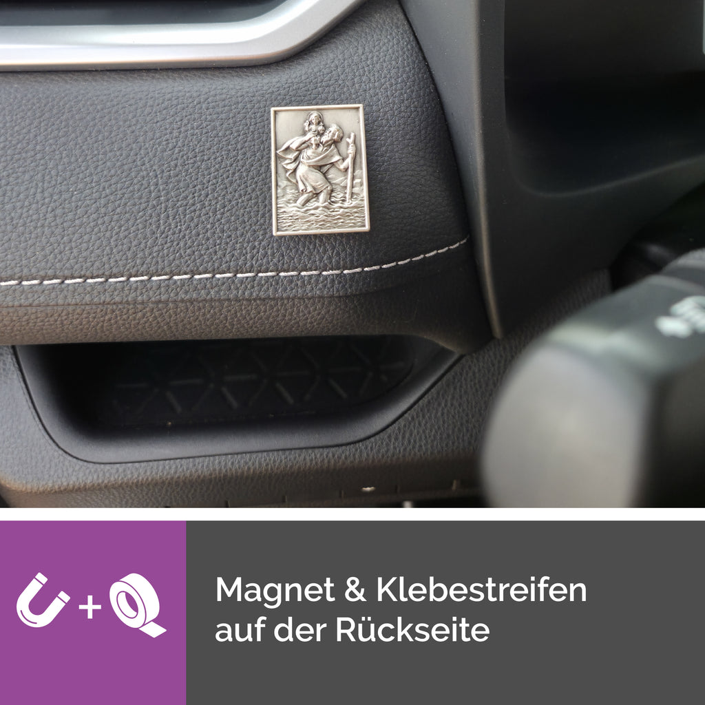 christophorus plakette rechteckig 3,5x2,5 cm silber gesegnet im samt säckchen mit zertifikat