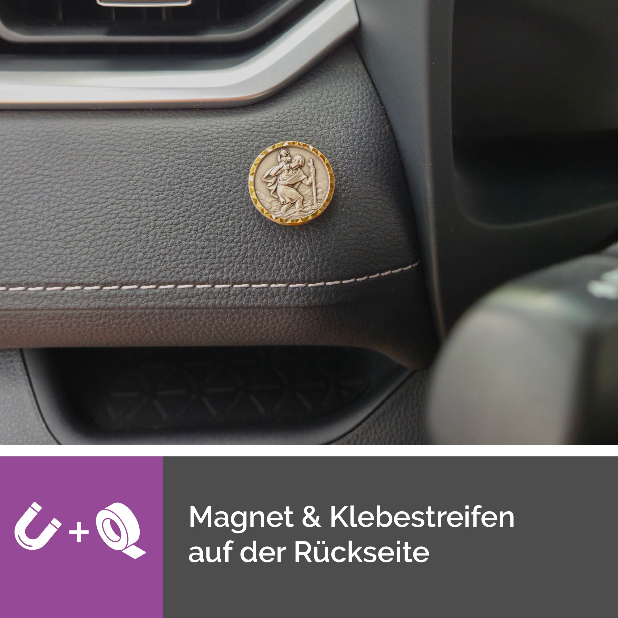 christophorus magnet plakette Ø 2,6 cm goldrand im samt säckchen mit zertifikat
