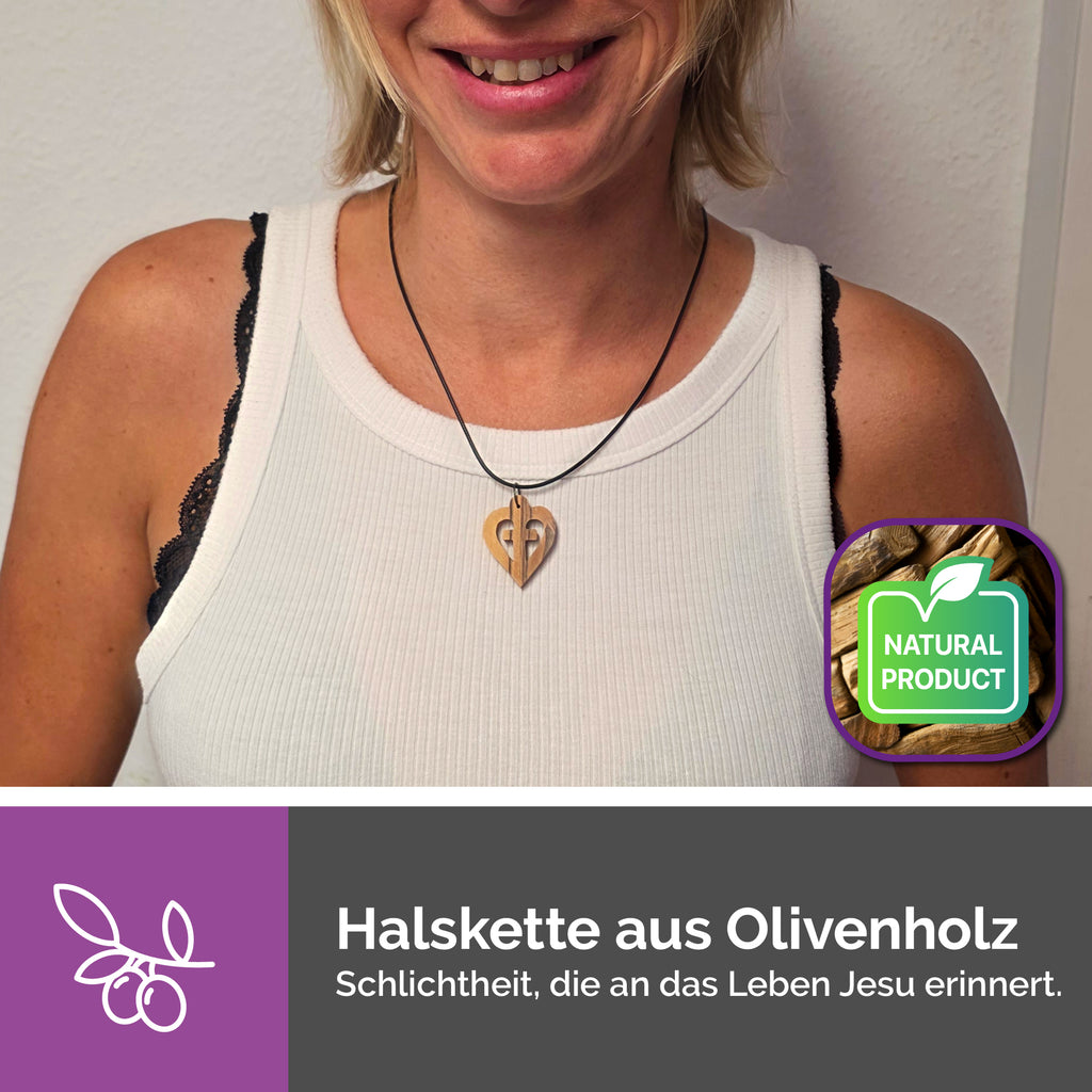 handgemachte halskette bethlehem olivenholz herz mit kreuz