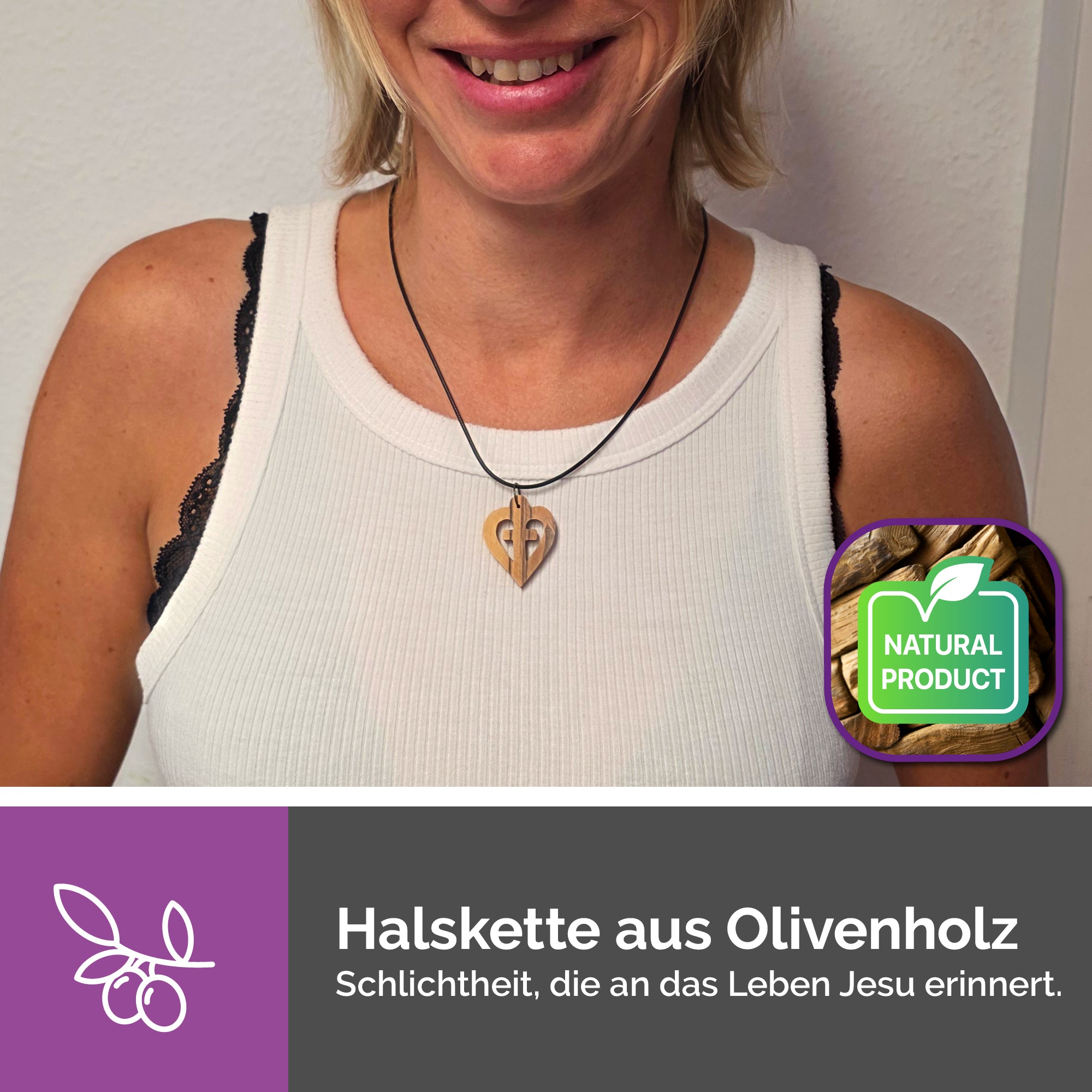 handgemachte halskette bethlehem olivenholz herz mit kreuz