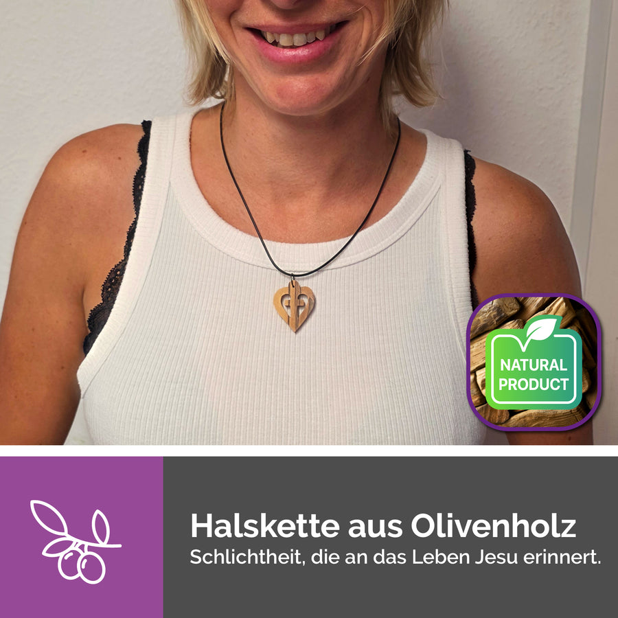 Collier fait main de Bethléem en bois d'olivier, cœur avec croix
