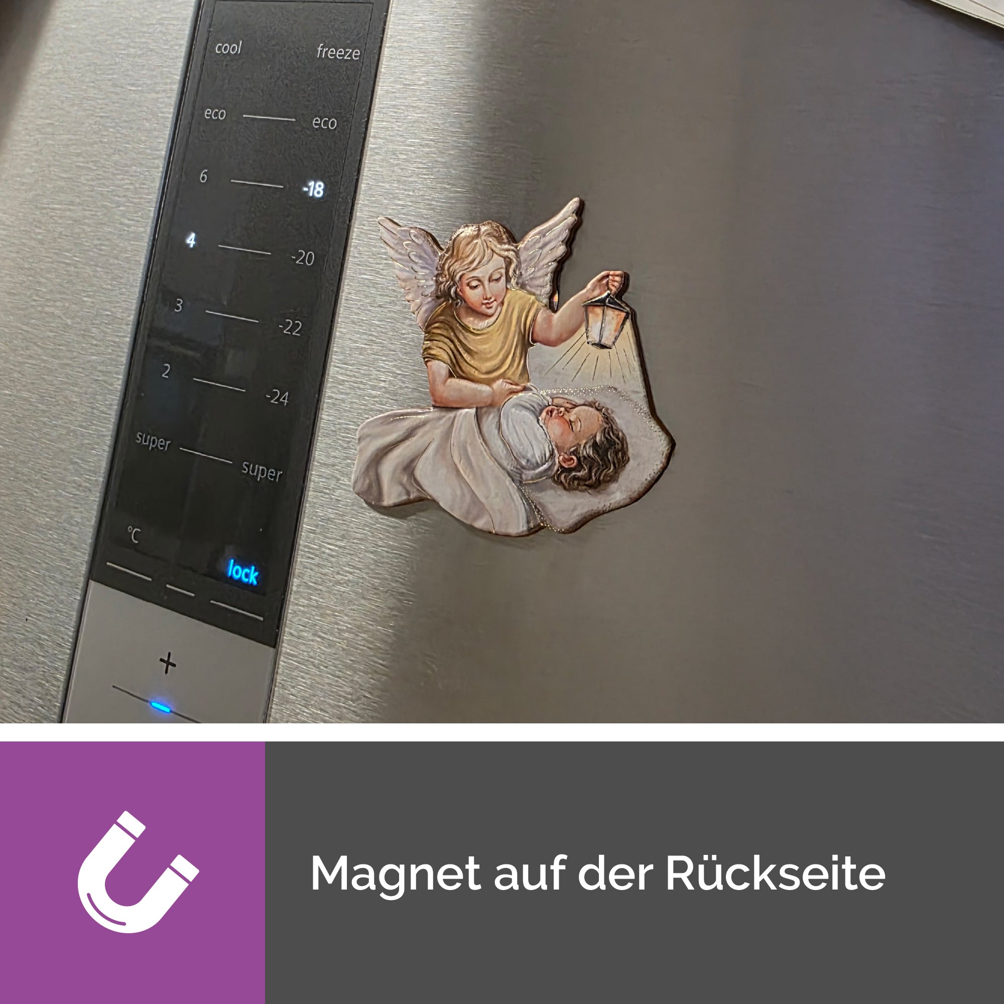 Kühlschrankmagnet Schutzengel 6,5 cm – Engel mit Laterne beschützt Kind, inkl. Zertifikat