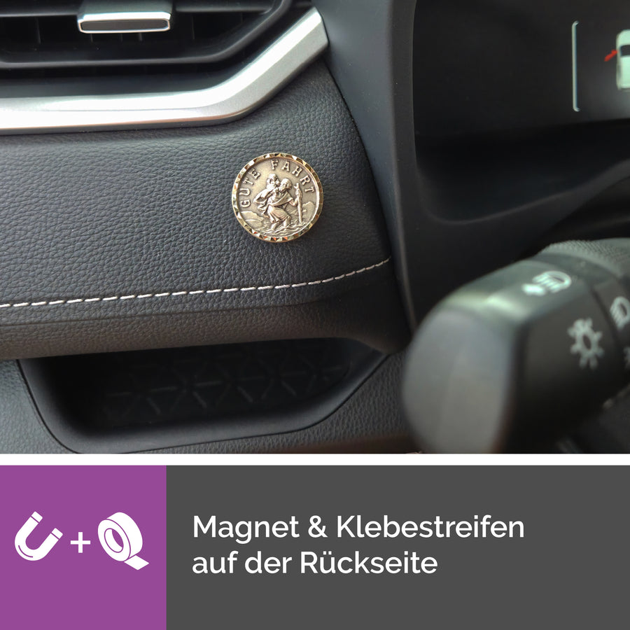 Vue détaillée de la médaille saint Christophe Ø 3 cm à bordure argentée, « Gute Fahrt », bénite