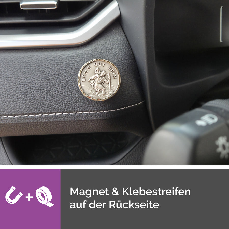 Médaille saint Christophe Ø 3,5 cm « Komm gut heim », bénite, dans une pochette en velours avec certificat