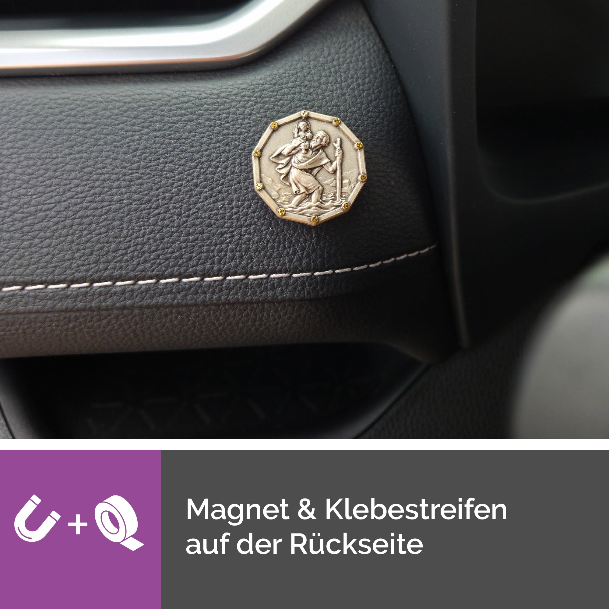 Christophorus Medaille Ø 3 cm achteckig mit goldfarbenen Ziernieten & mit Samtbeutel