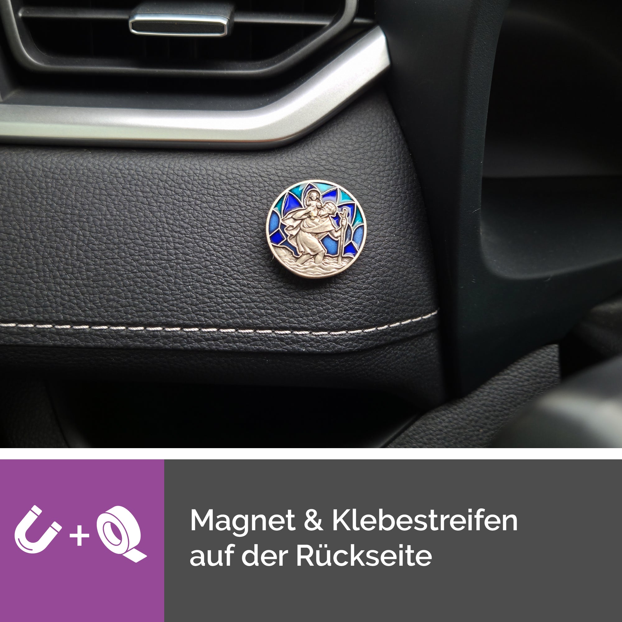 rückseite christophorus auto plakette Ø 3 cm farbig mit magnet und klebepad flexible befestigung religiöses schutzsymbol