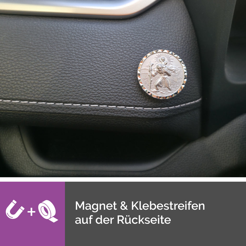 rückseite christophorus auto plakette Ø 3 cm 925 silber mit magnet und klebepad flexible befestigung schutzmedaille