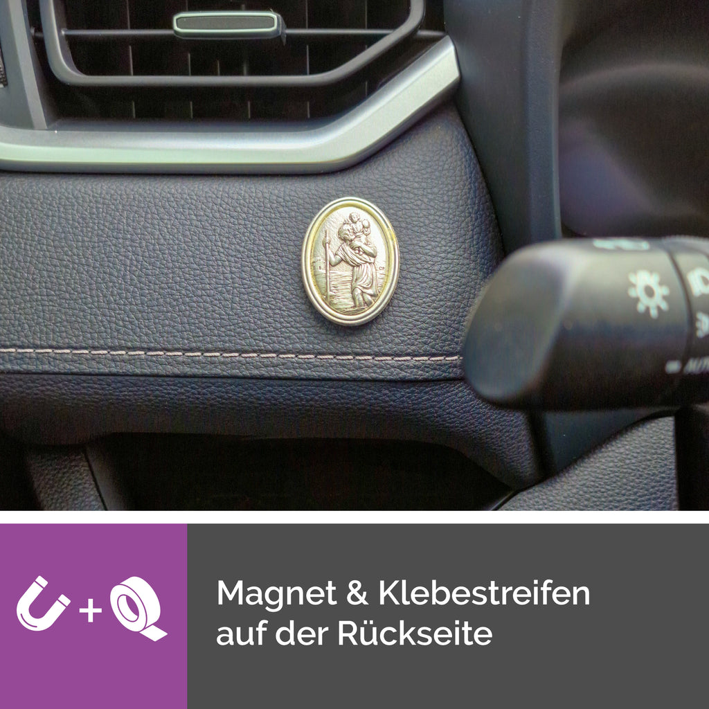 rückseite christophorus auto plakette oval mit magnet und klebepad flexible befestigung gesegnete medaille fürs auto
