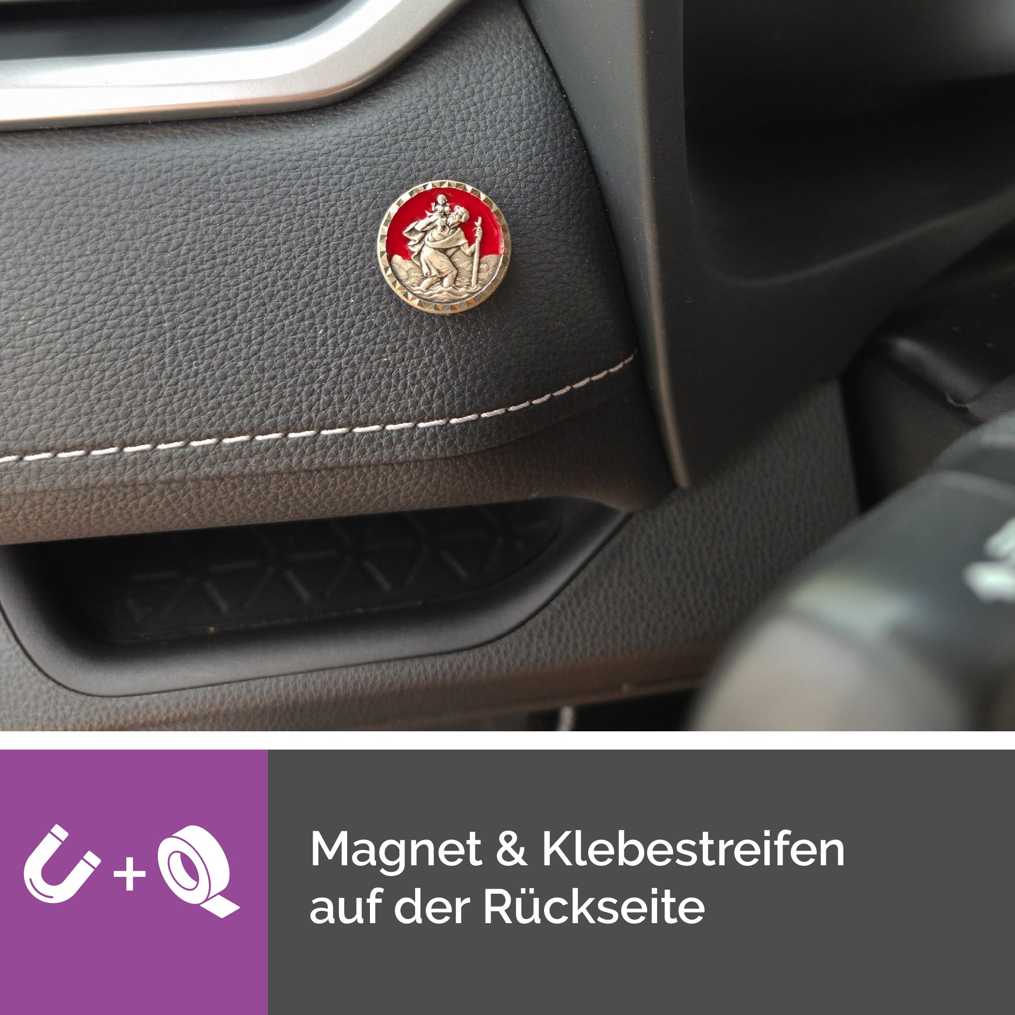 detailaufnahme christophorus magnetmedaille 2,3 cm rot silberrand religiöses zubehör