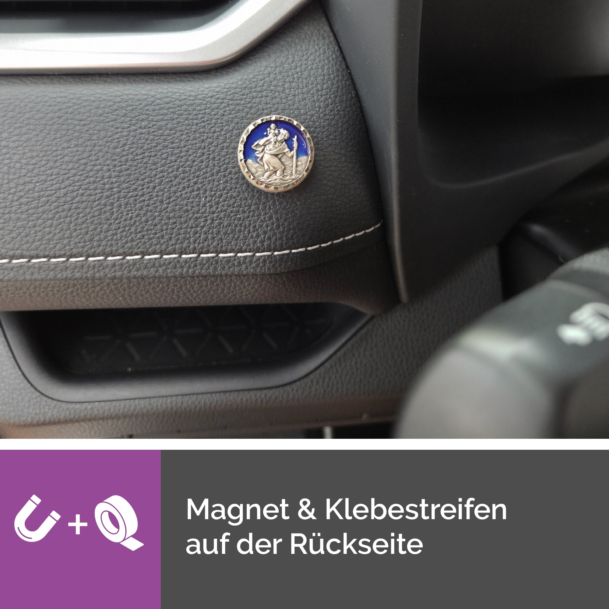 detailaufnahme christophorus magnetmedaille 2,3 cm blau silberrand religiöses zubehör