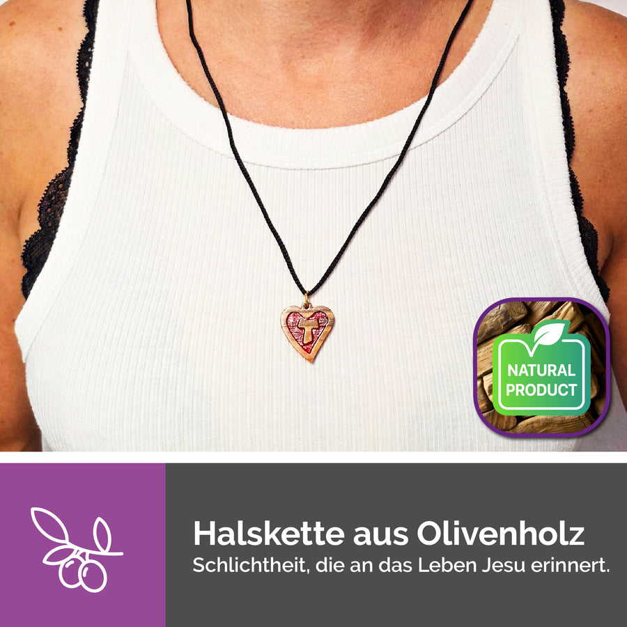 Collier fait main de Bethléem en bois d'olivier, cœur et croix Tau