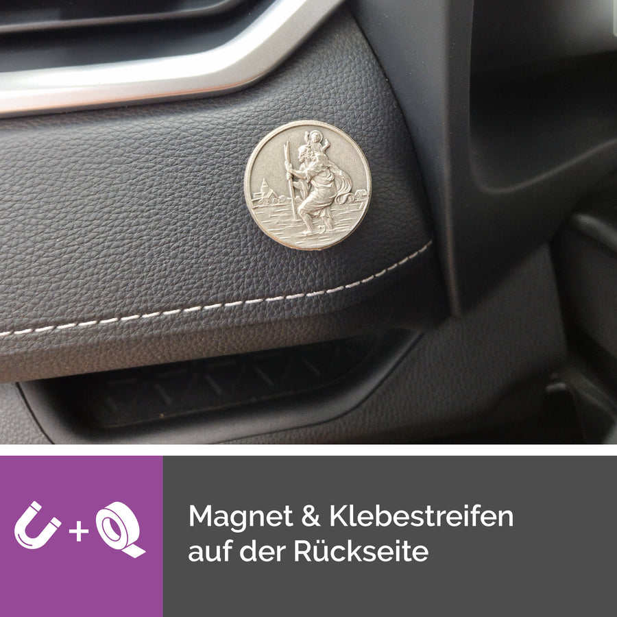 Médaille saint Christophe argentée Ø 3,5 cm, bénite, dans une pochette en velours avec certificat