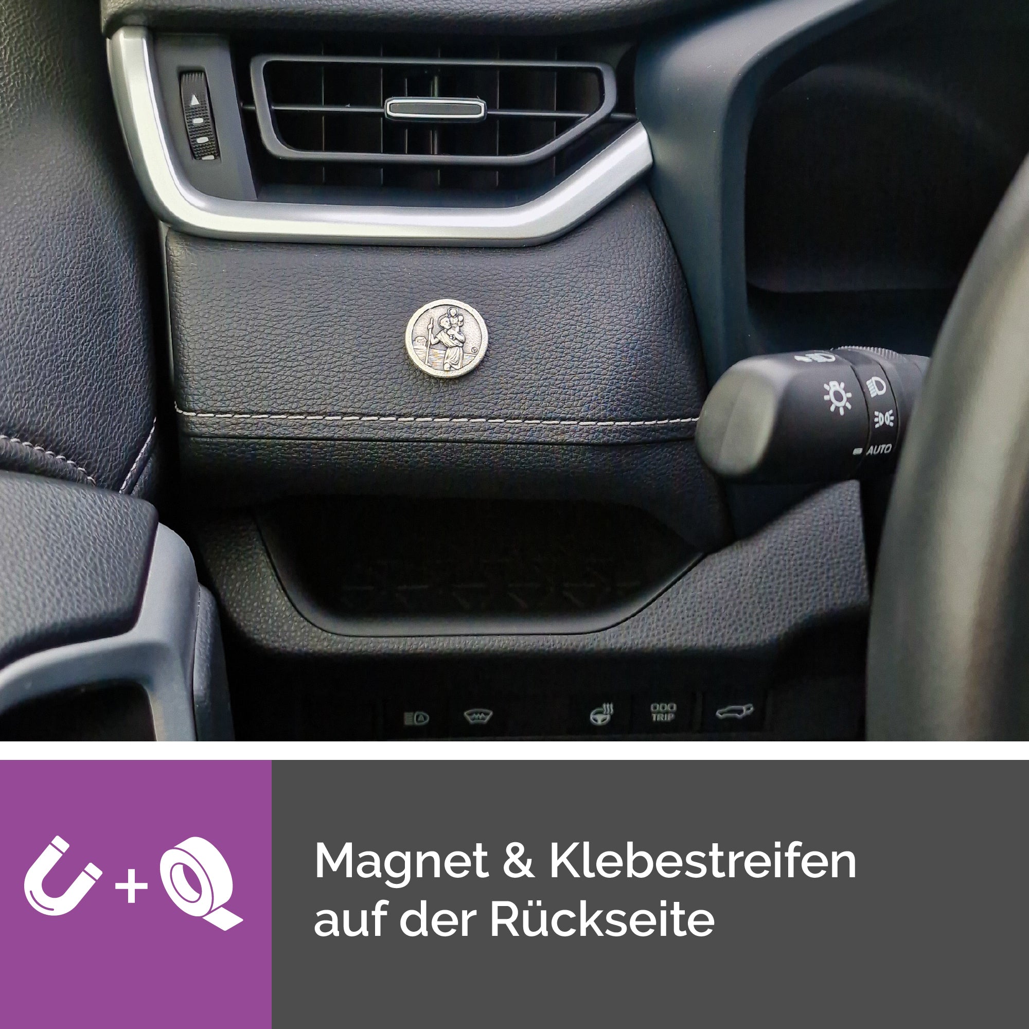 rückseite christophorus auto plakette Ø 2,3 cm mit magnet und klebepad flexible befestigung gesegnetes schutzsymbol