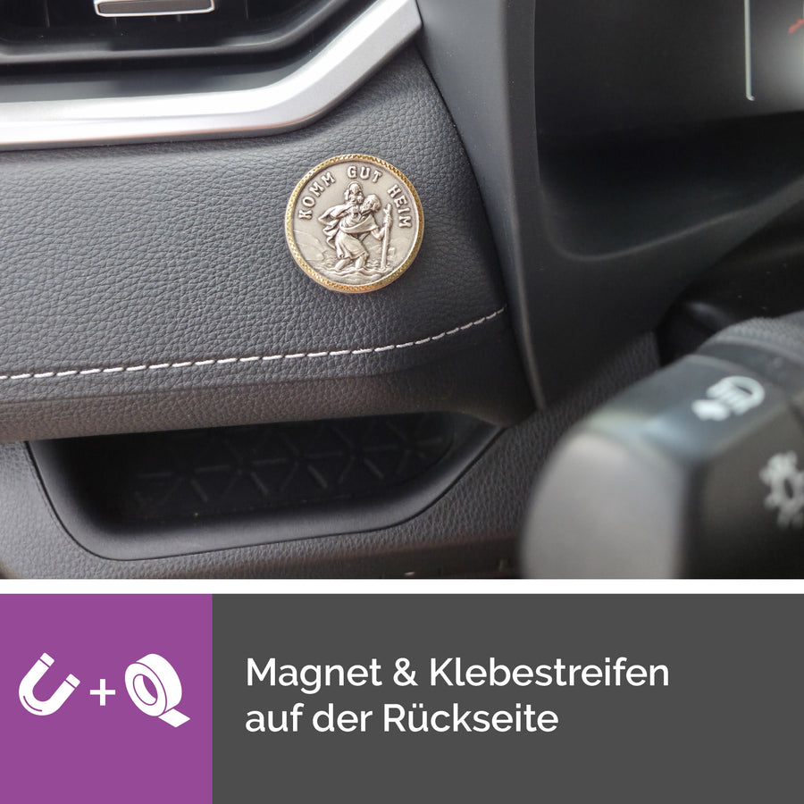 Médaille saint Christophe Ø 3,5 cm « Komm gut heim », bénite, dans une pochette en velours avec certificat