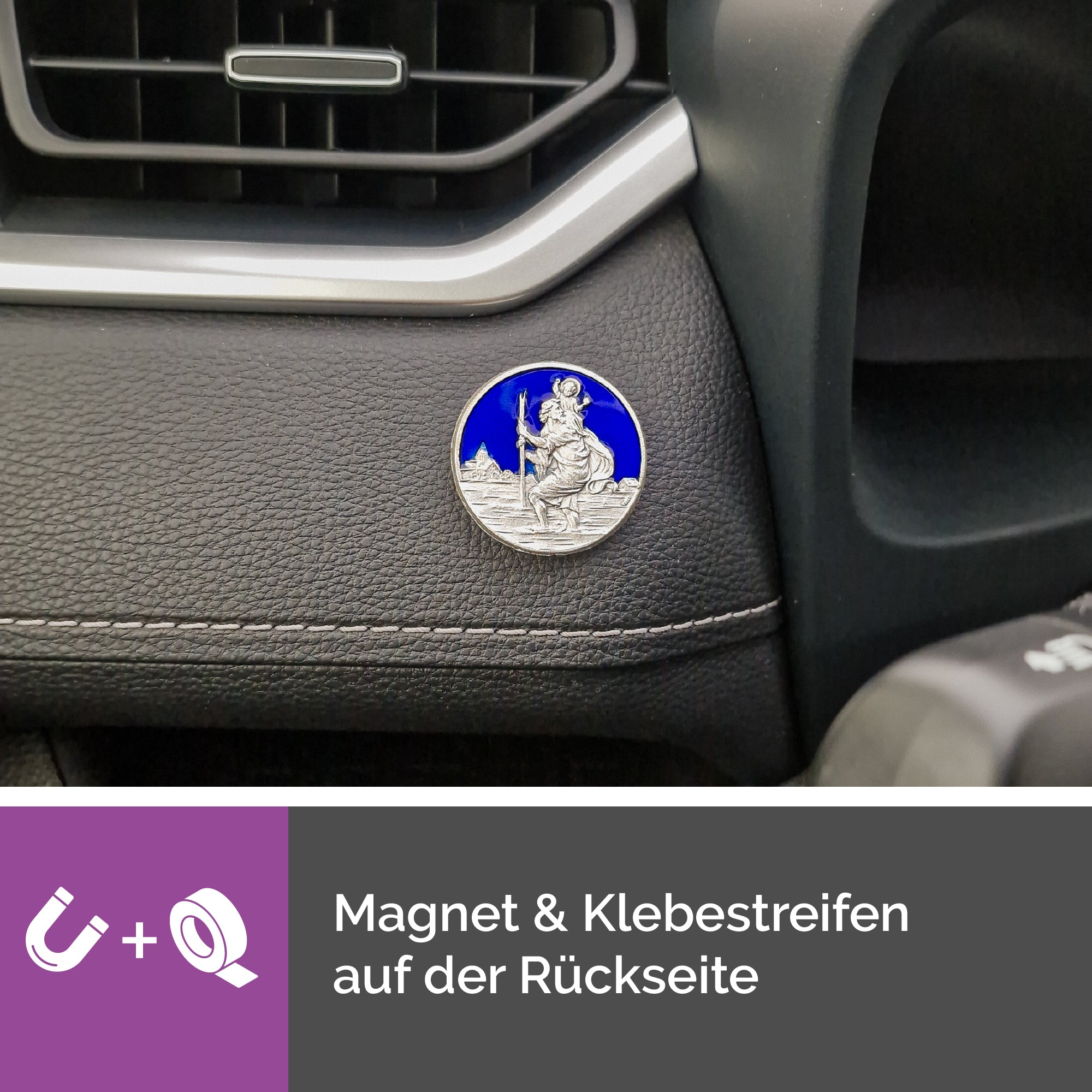 rückseite christophorus auto plakette blau rund Ø 3,5 cm mit magnet und klebepad flexible befestigung