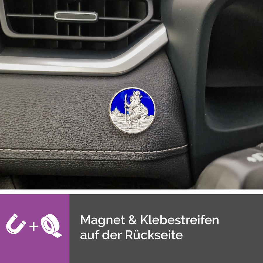 Revers de la médaille saint Christophe bleue ronde Ø 3,5 cm avec aimant et pastille adhésive, fixation flexible