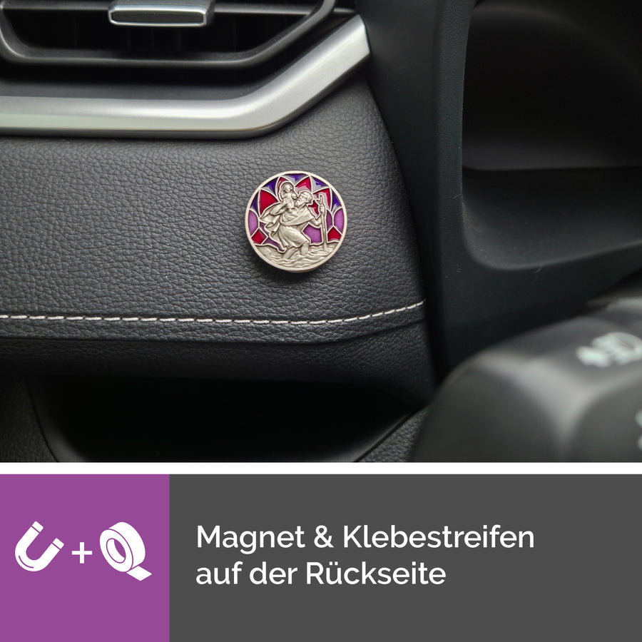 Revers de la médaille saint Christophe rouge et violette Ø 3 cm avec aimant et pastille adhésive, fixation flexible
