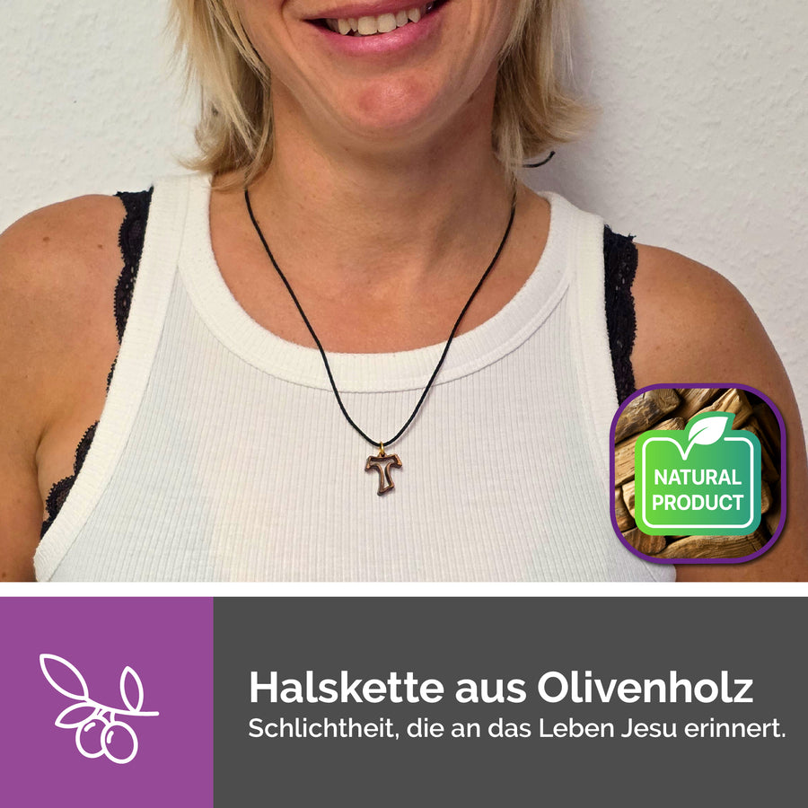Collier fait main de Bethléem, croix Tau en bois d'olivier