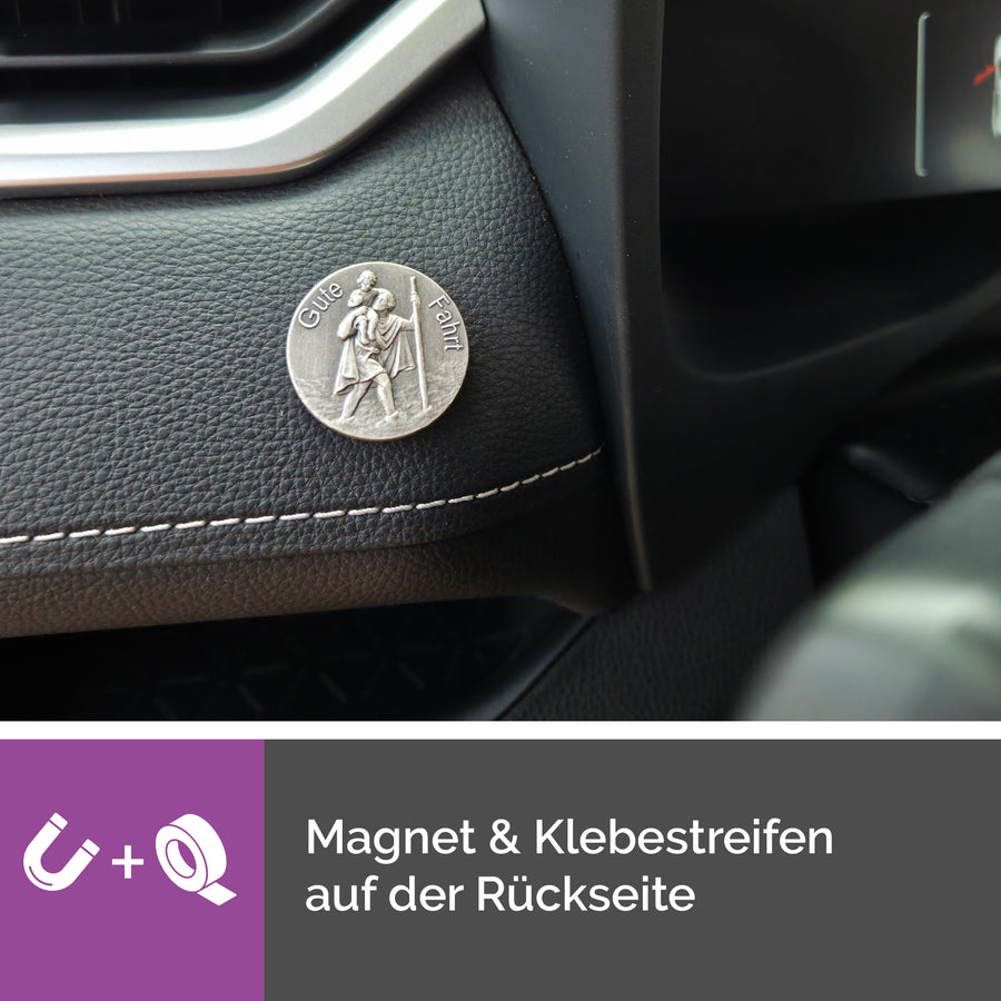 Vue détaillée de la médaille saint Christophe Ø 3 cm « Gute Fahrt », bénite, en métal