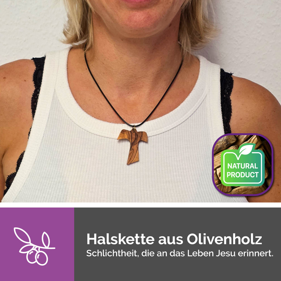 Collier fait main de Bethléem en bois d'olivier, ange, croix et colombe