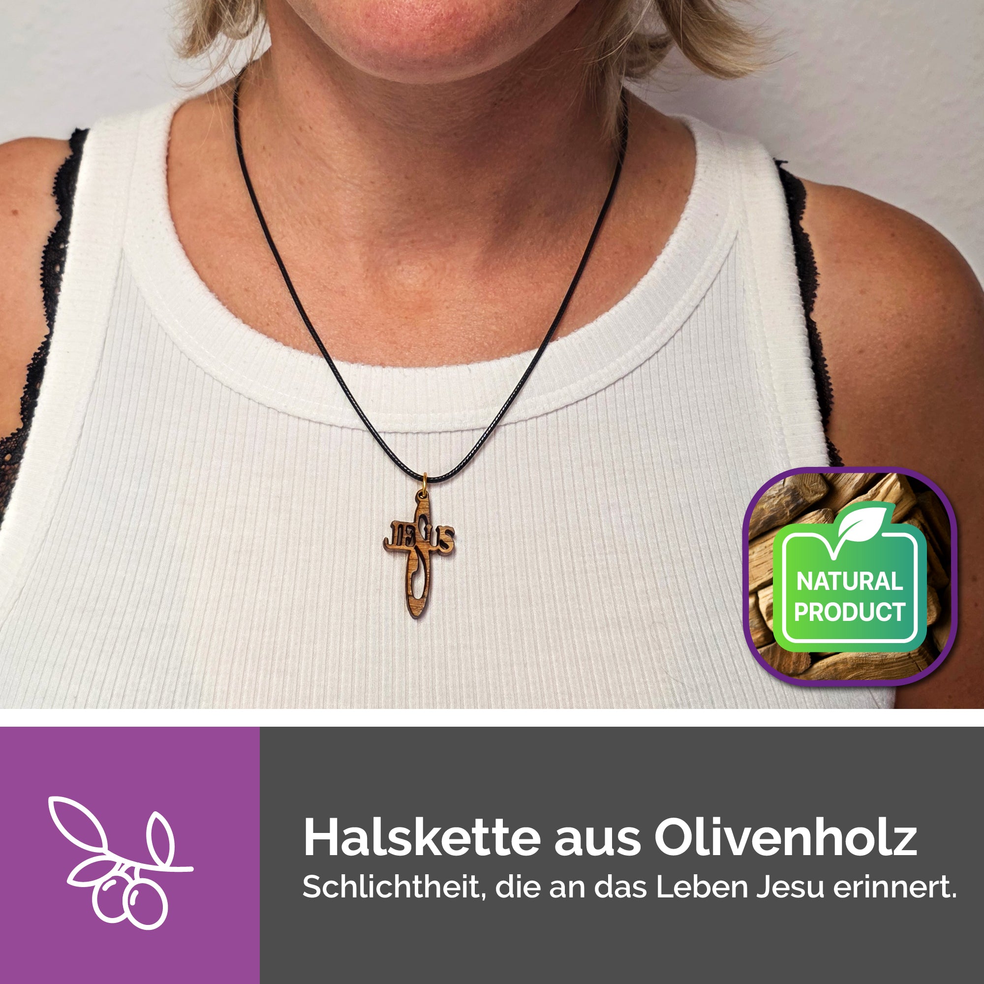 handgemachte halskette bethlehem olivenholz kreuz jesus schriftzug