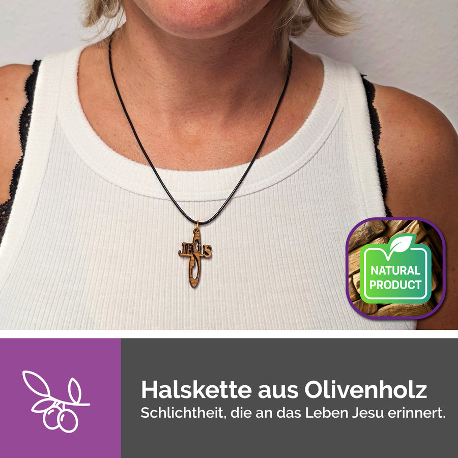 Collier fait main de Bethléem en bois d'olivier, croix avec inscription « Jésus »
