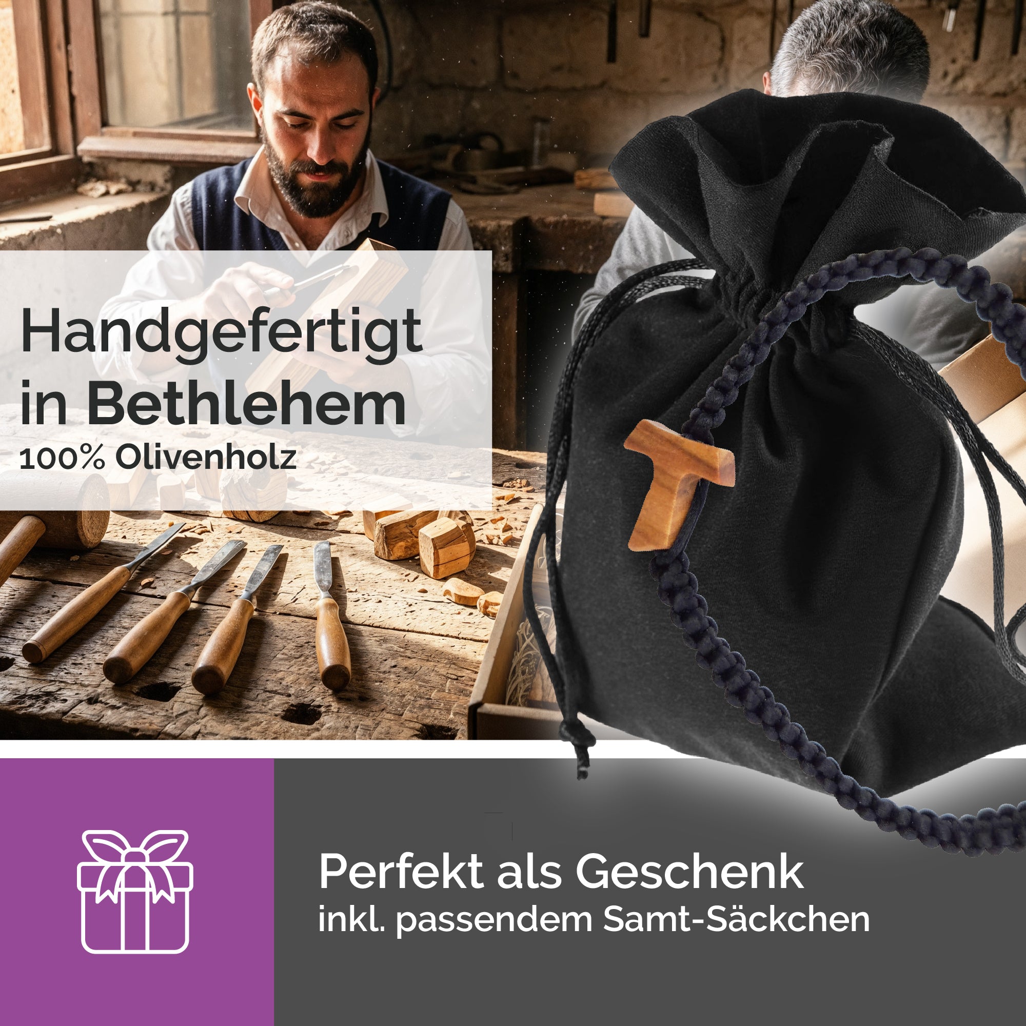 Tau-Kreuz Armband aus Olivenholz – handgefertigt