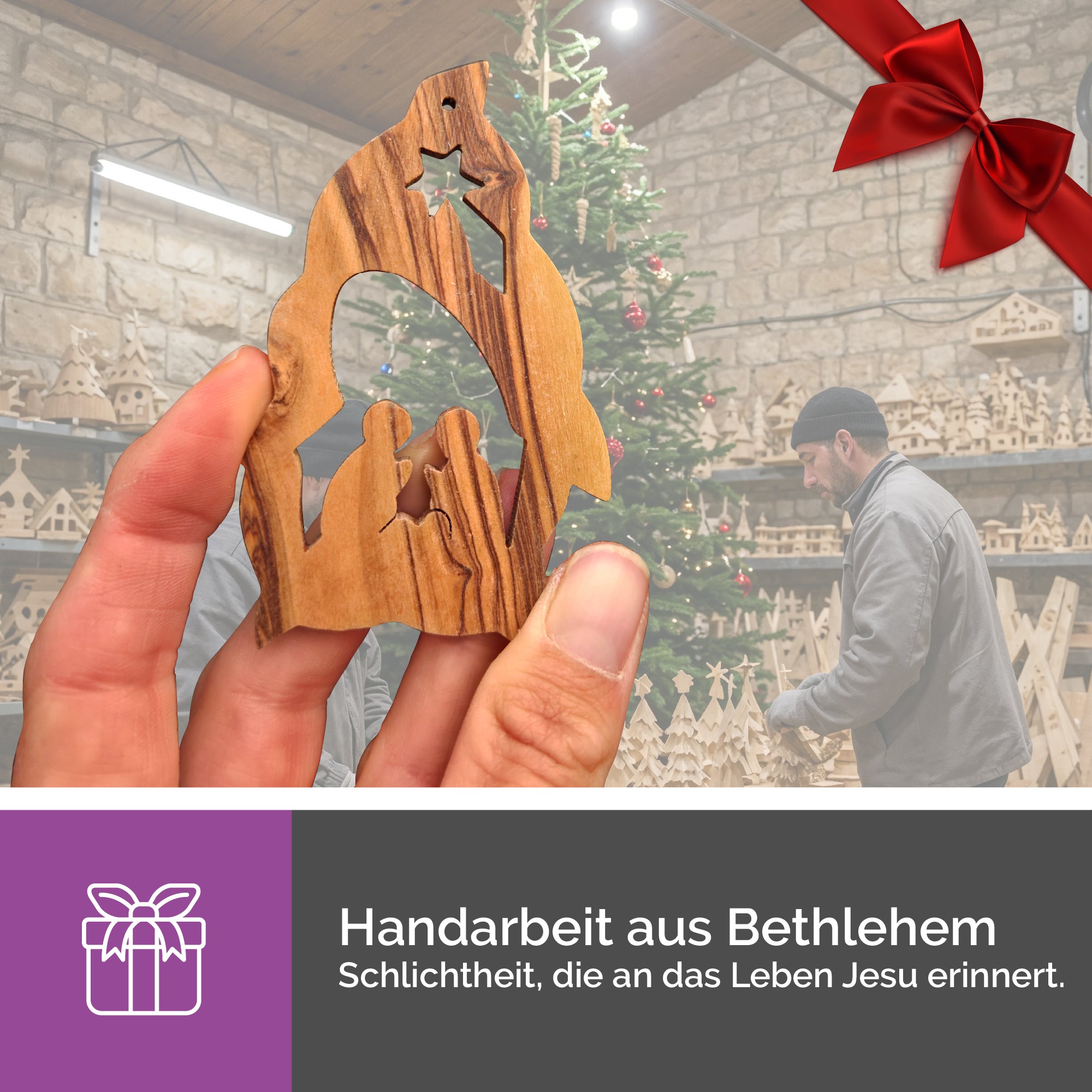 Olivenholzanhänger Heilige Familie – Gesegnete Handarbeit Bethlehem