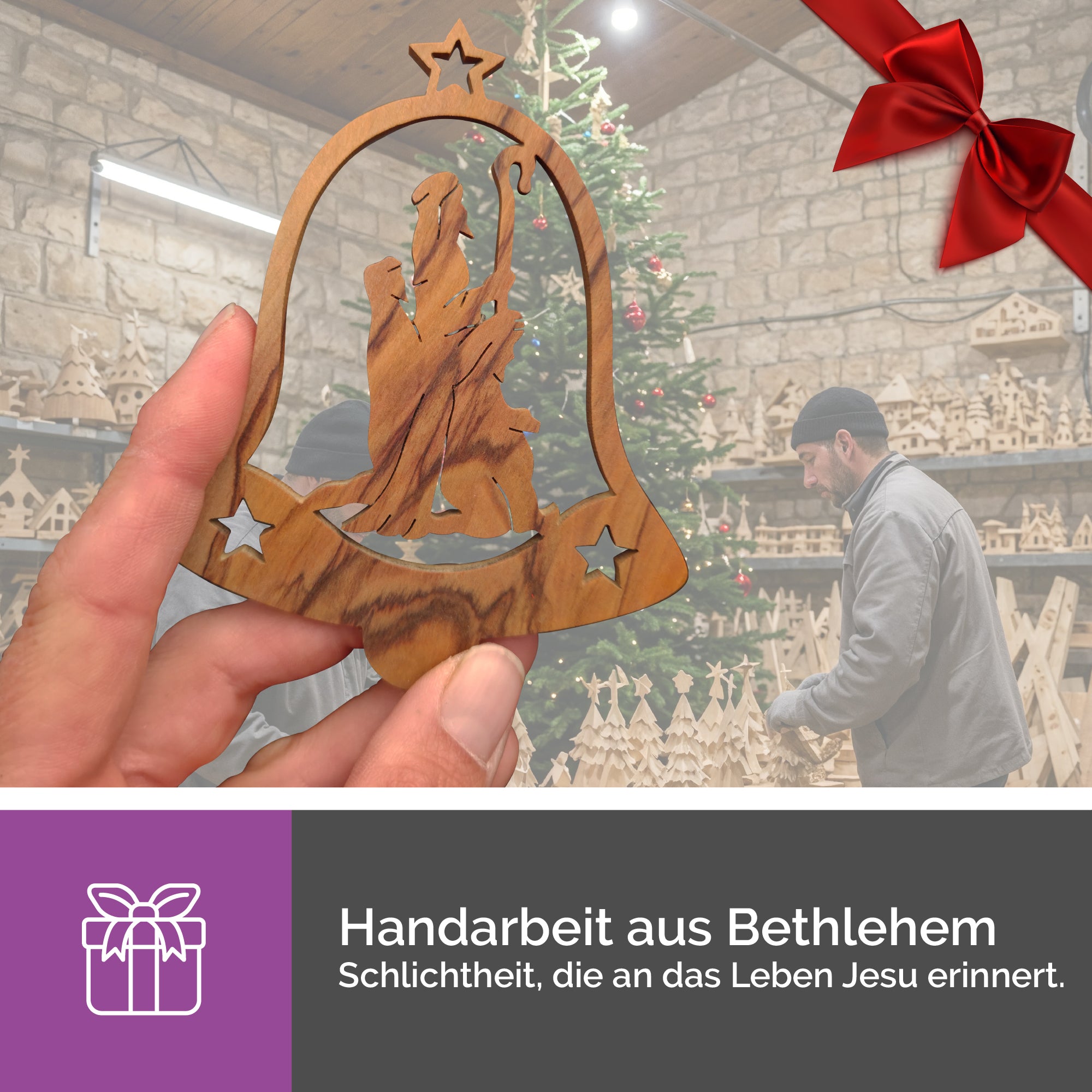 Olivenholzanhänger Glocke mit Heiliger Familie – Handarbeit aus Bethlehem