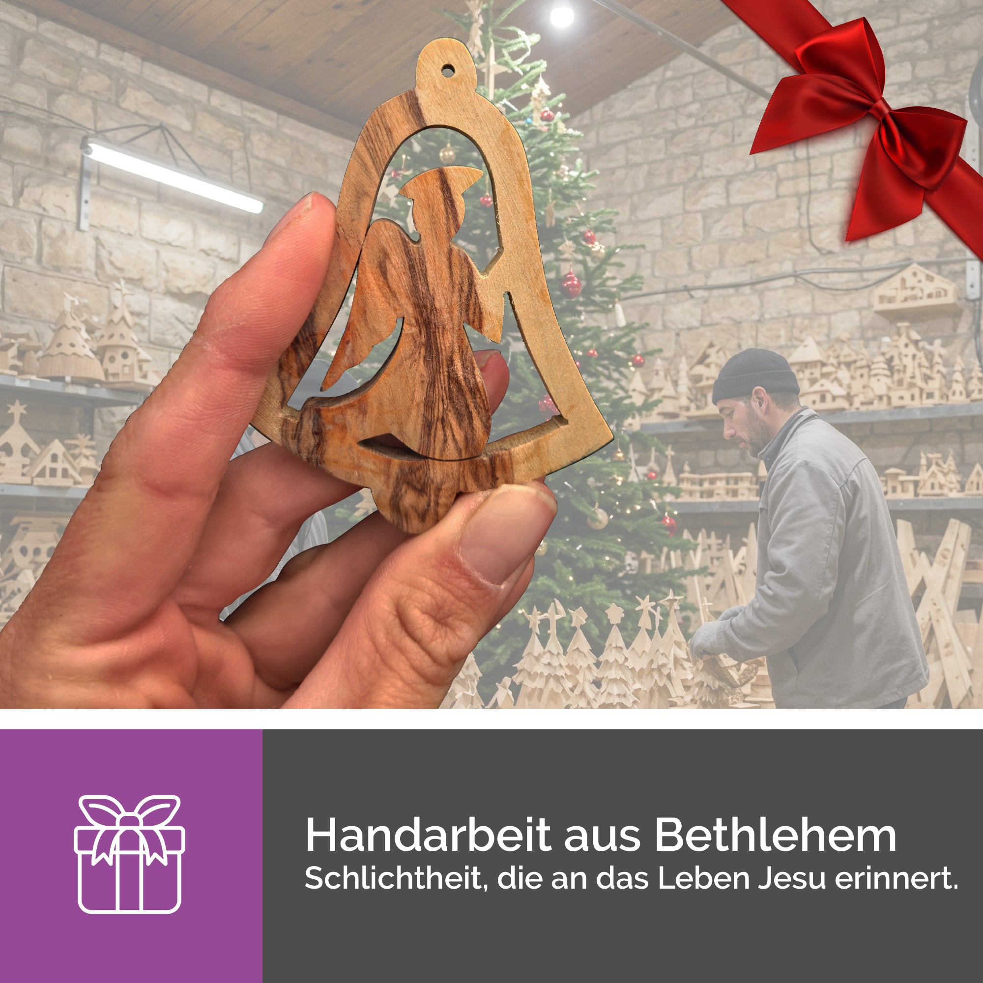 Olivenholzanhänger Engel – Handarbeit & Segnung aus Bethlehem