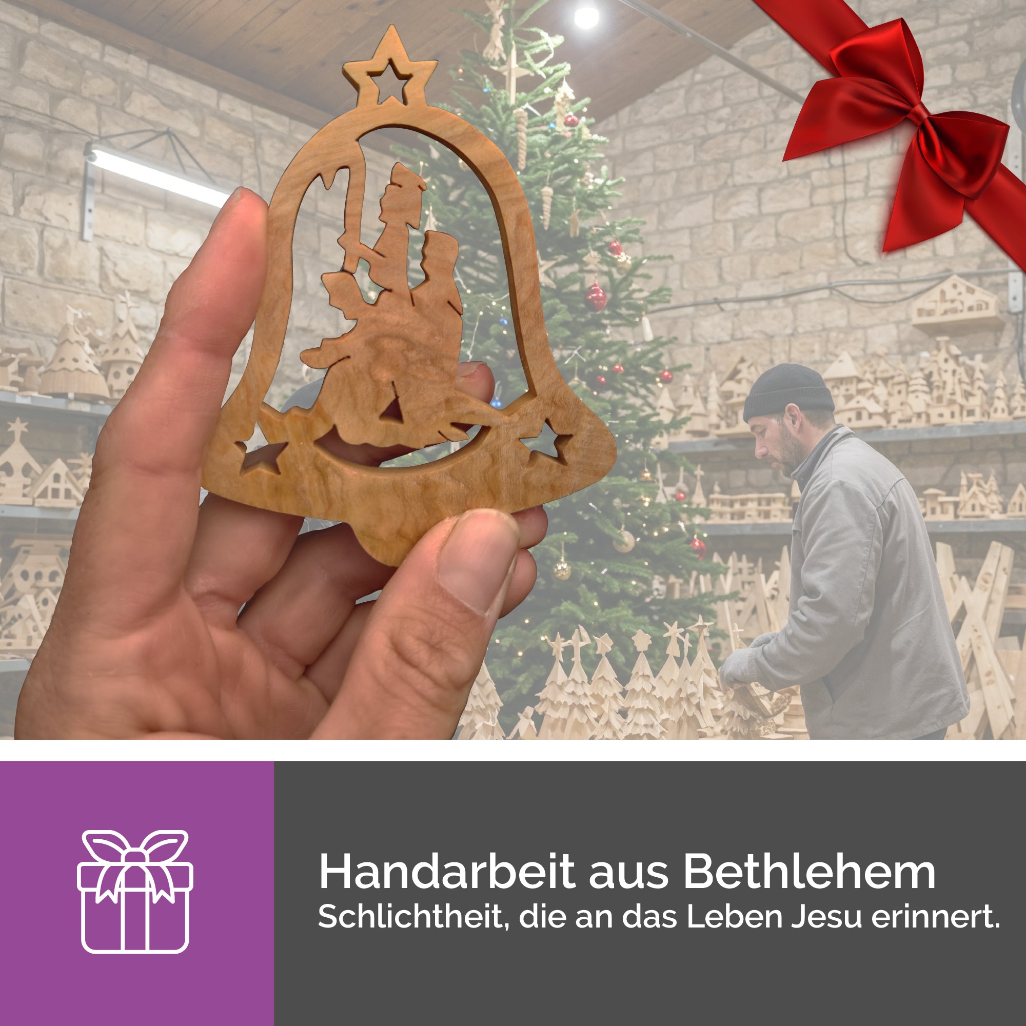 Olivenholzanhänger Glocke Heilige Familie – Handarbeit & Segnung aus Bethlehem