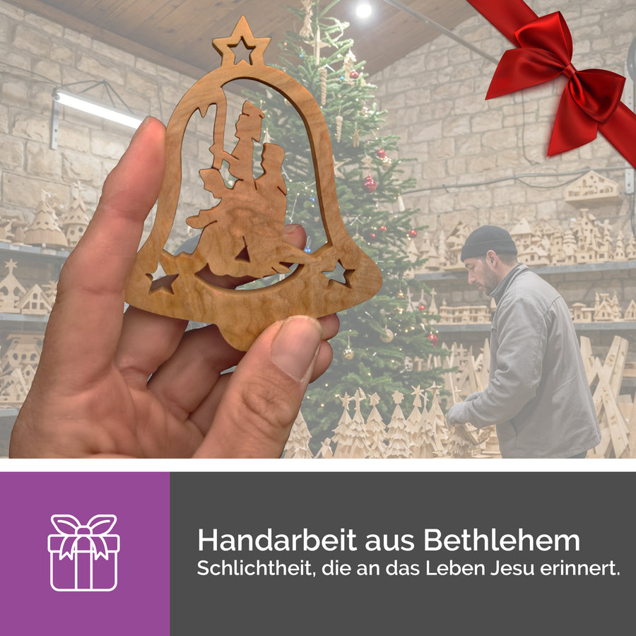 Pendentif cloche Sainte Famille en bois d'olivier – fait main et bénédiction de Bethléem – vue 4