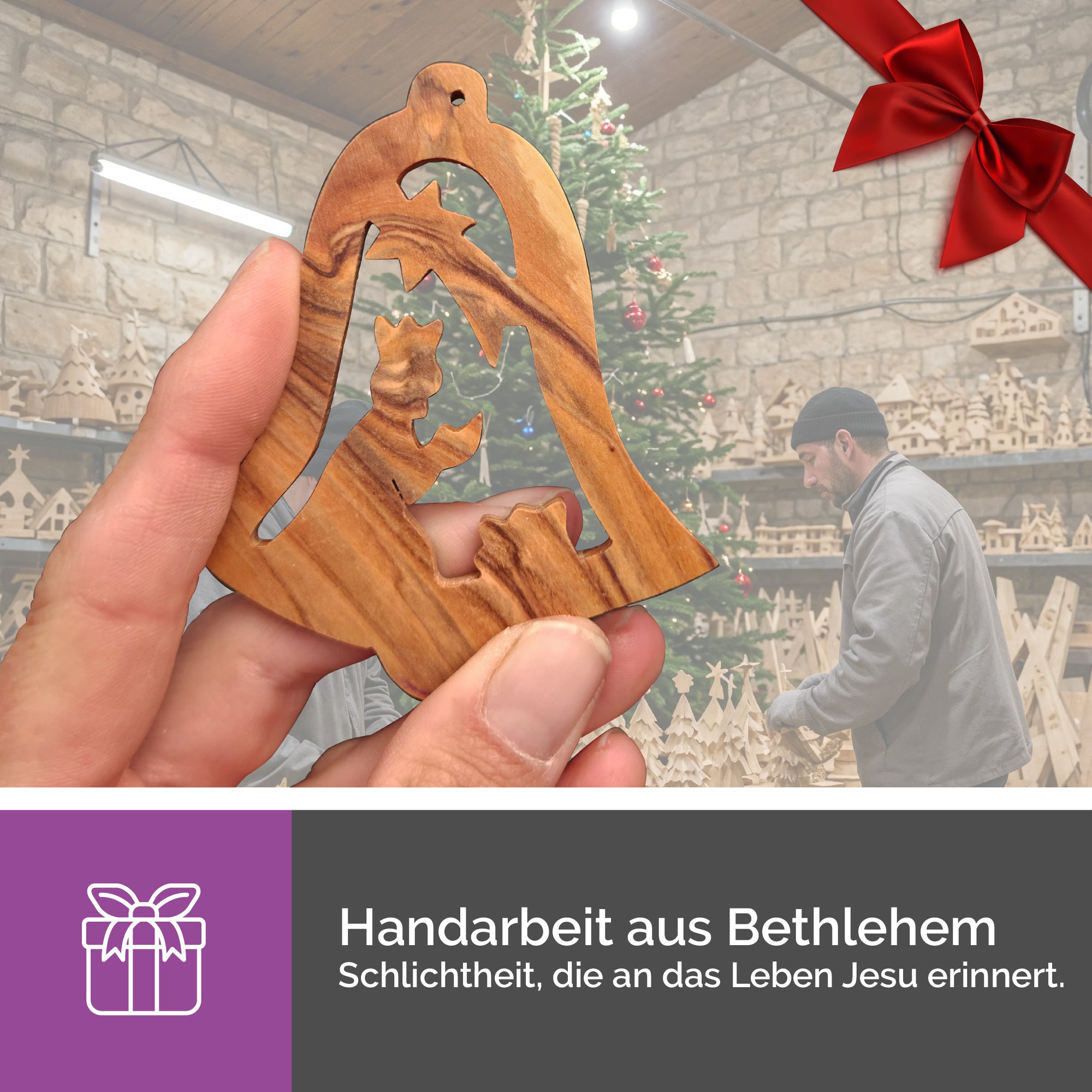 Olivenholzanhänger Glocke mit Krippenszene – Handarbeit & Segnung aus Bethlehem