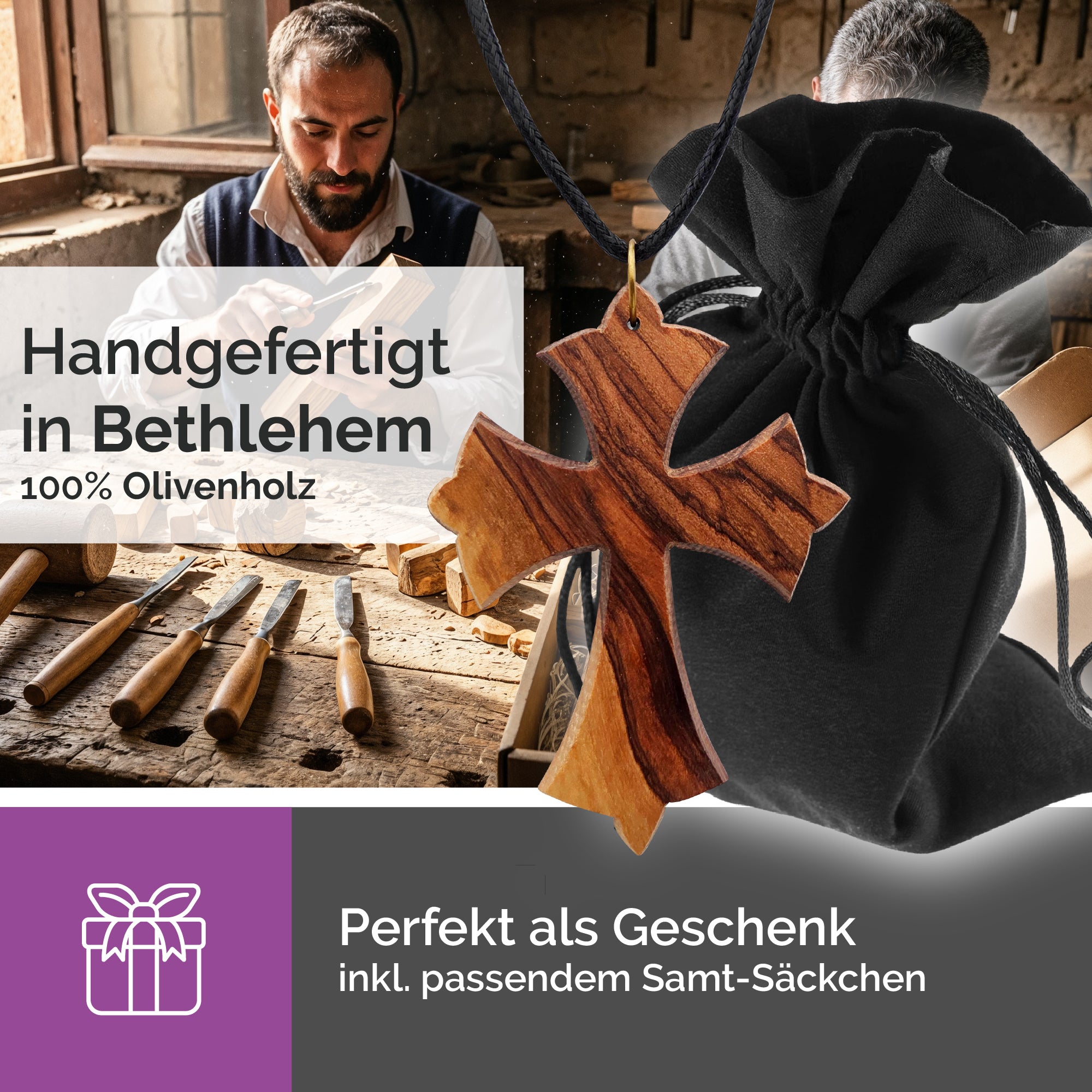 halskette kreuz olivenholz natürliches holz samtsäckchen zertifikat